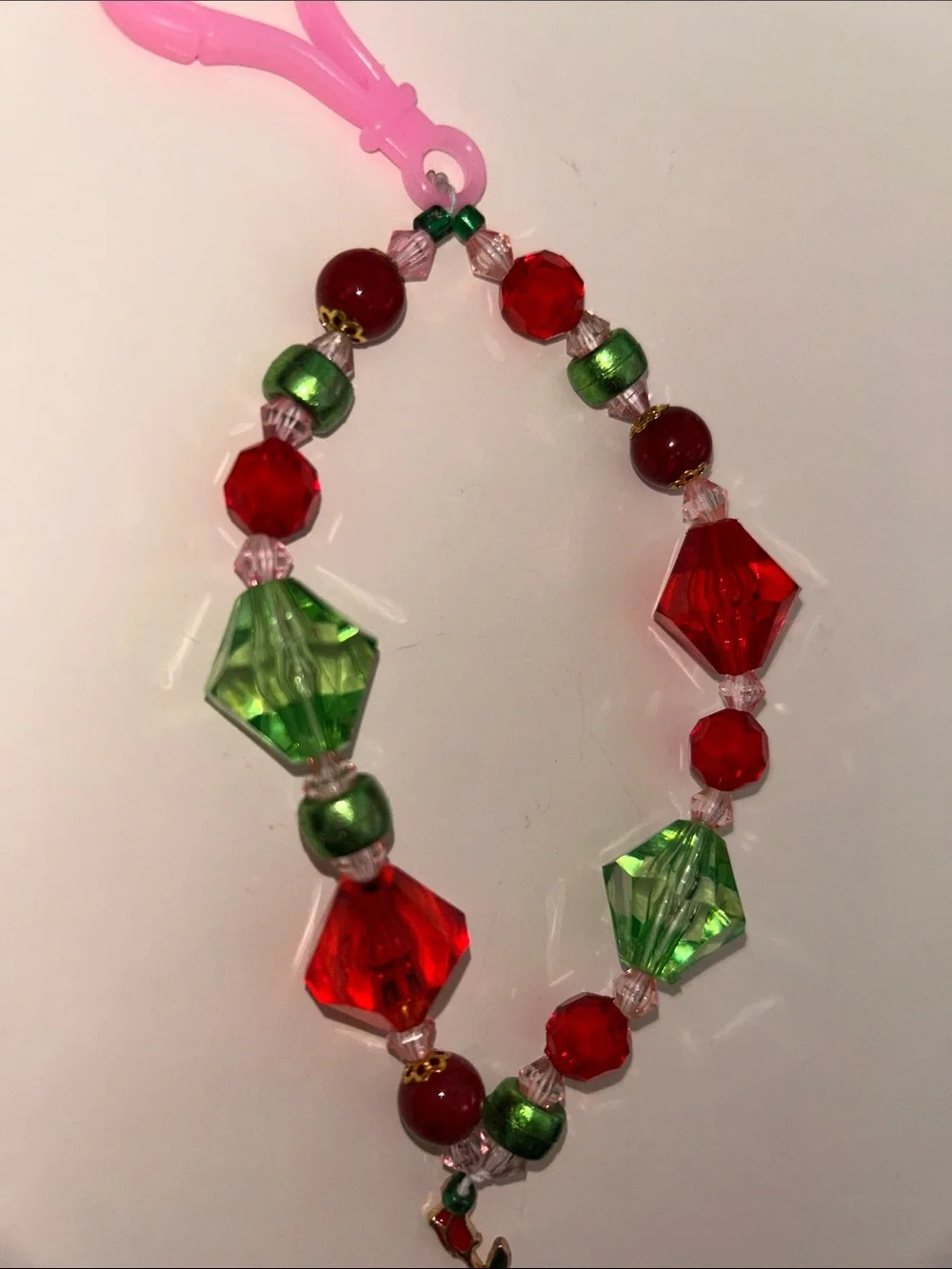 Beaded Red & Green Bracelet with Pink Clip